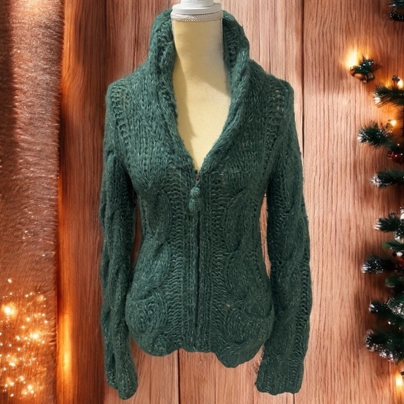 Sleeping on Snow Anthropologie Green Crochet Wool Blend Collar Zipup Jacket S - Picture 1 of 13